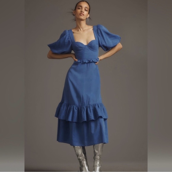 FARM Rio Blue Ruffled Tiered Midi Dress with Puff Sleeves - Picture 5 of 10